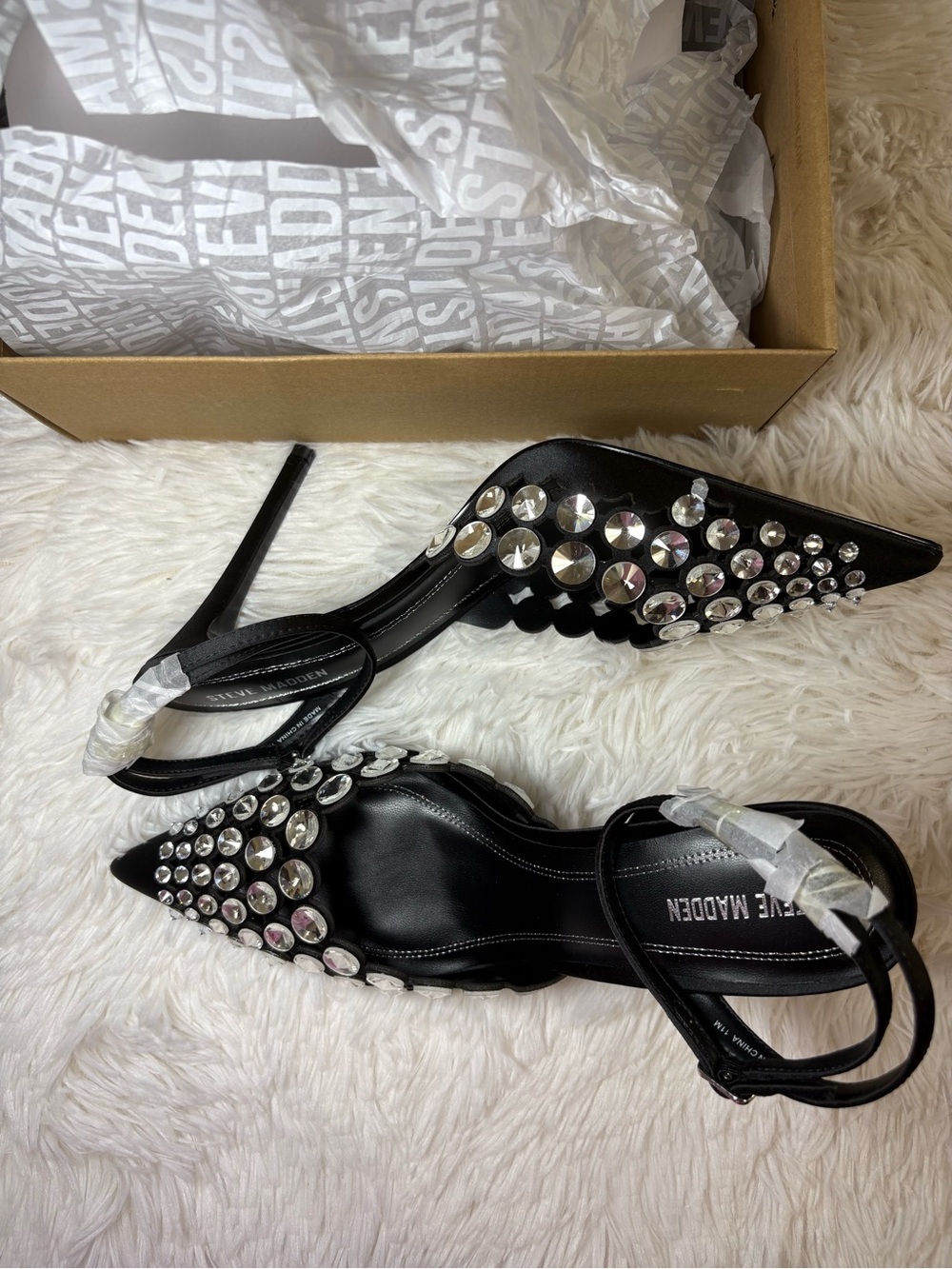 Steve Madden Tinsel Black Crystal-Stud Pointed Slingback Heels